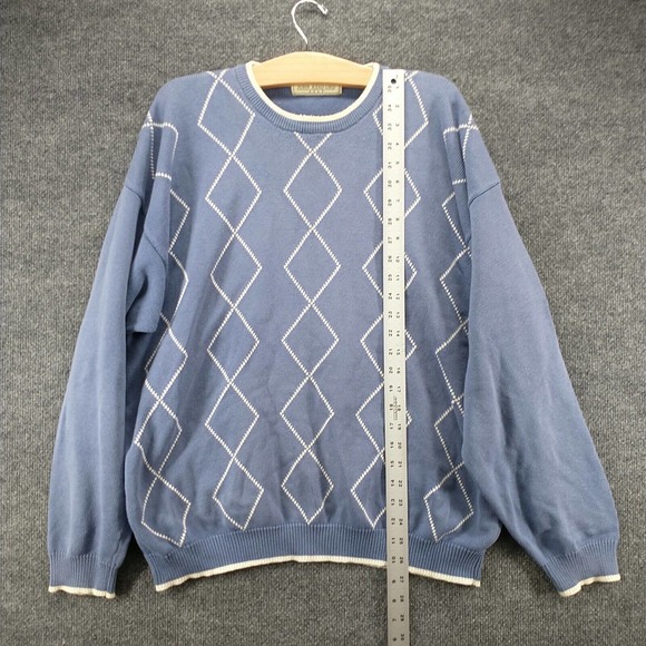 John Ashford Men's Pullover Golf Sweater Blue XL Diamond Argyle Crew Neck Cotton - Picture 11 of 13